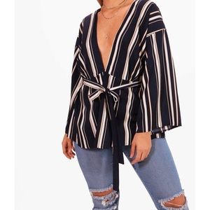 Boohoo Plus Woven Stripe Belted Top